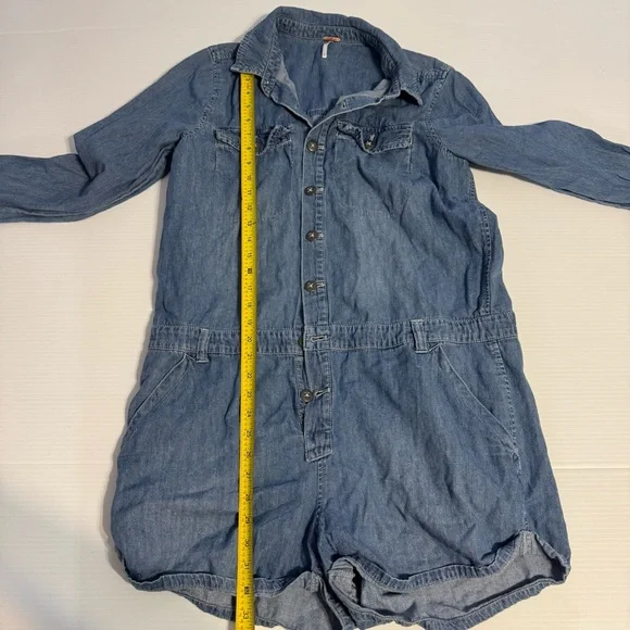 Free People Rivet Blue Denim Jean Chambray Long Sleeve Romper Large - Picture 11 of 11